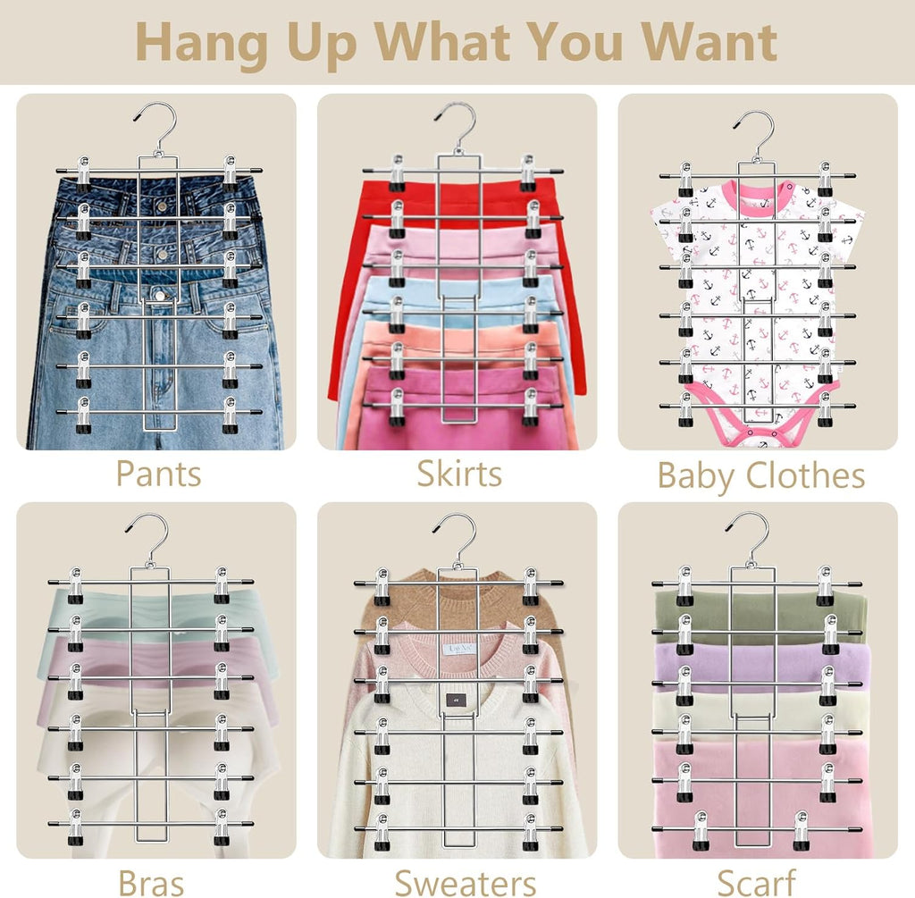 Skiennix Pants Hangers - Space-Saving 6-Tier Closet Organizer with 360° Swivel Hook