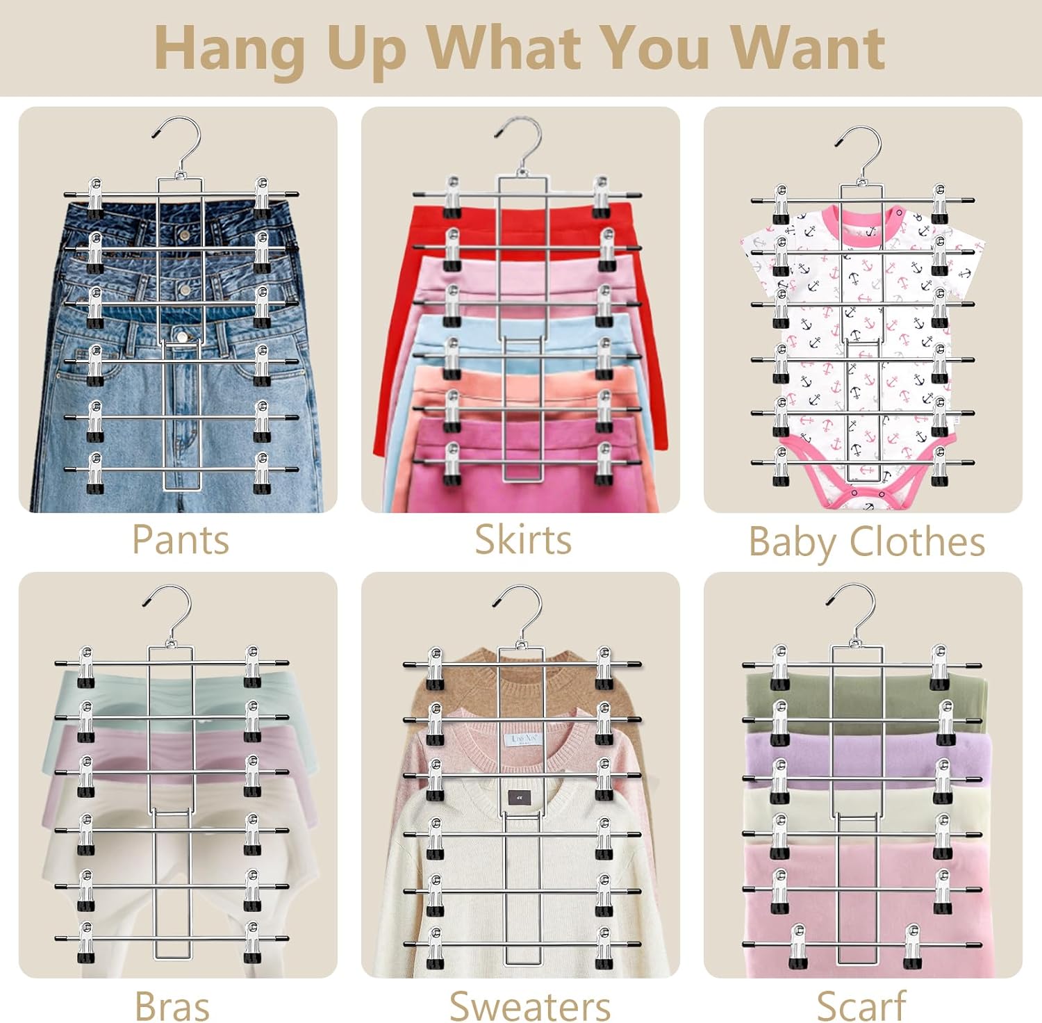 Skiennix Pants Hangers - Space-Saving 6-Tier Closet Organizer with 360° Swivel Hook