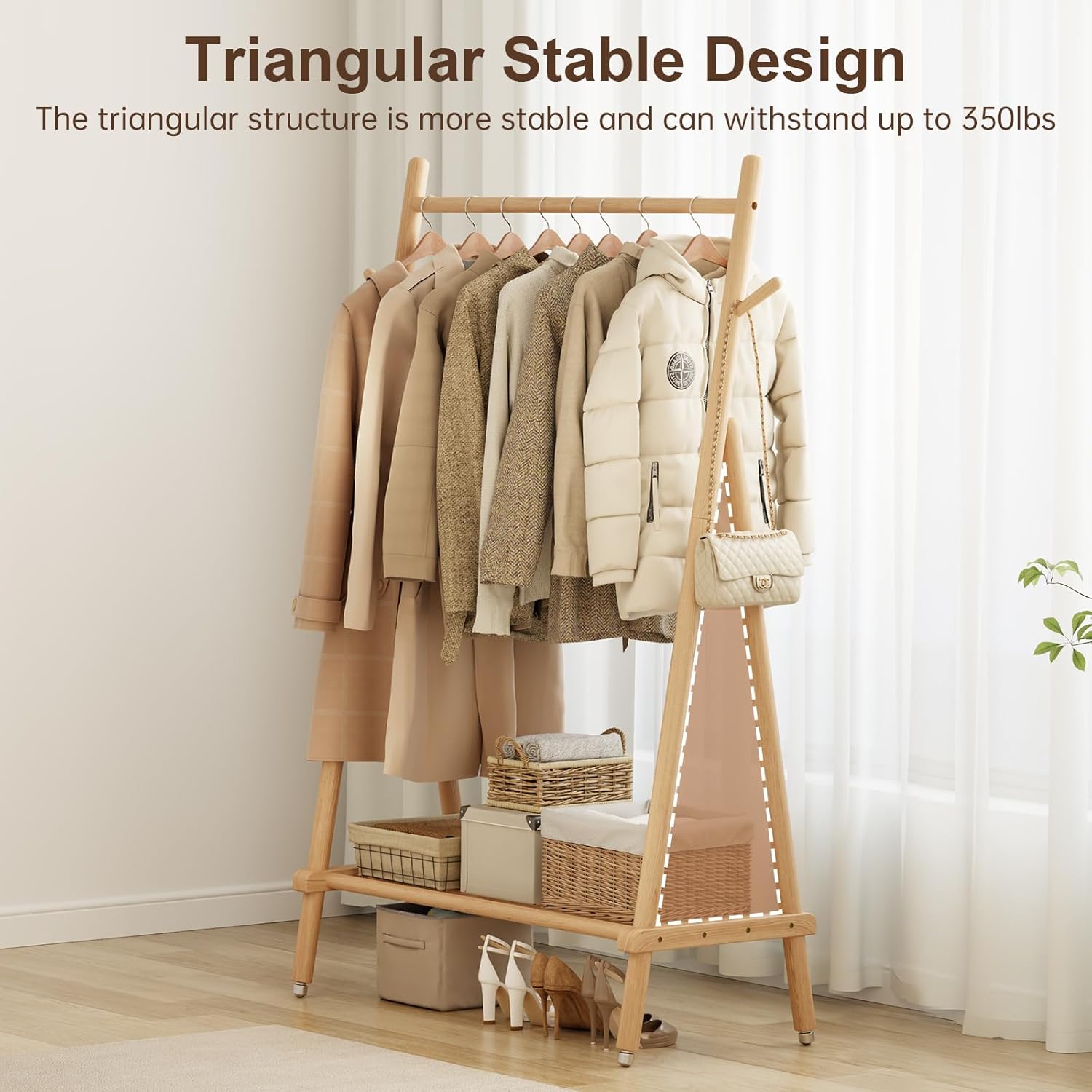 Muwuele Solid Wood Clothing Rack - Portable Rolling Garment Rack with Shelves | 350 Lbs Capacity, Natural Finish