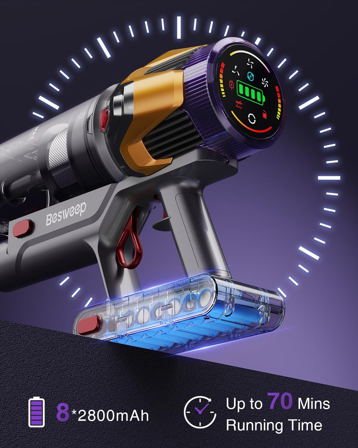 Skiennix Cordless Vacuum Cleaner - 55Kpa Suction Power, 70-Minute Runtime, Self-Standing Design | Ideal for Home & Pet Hair