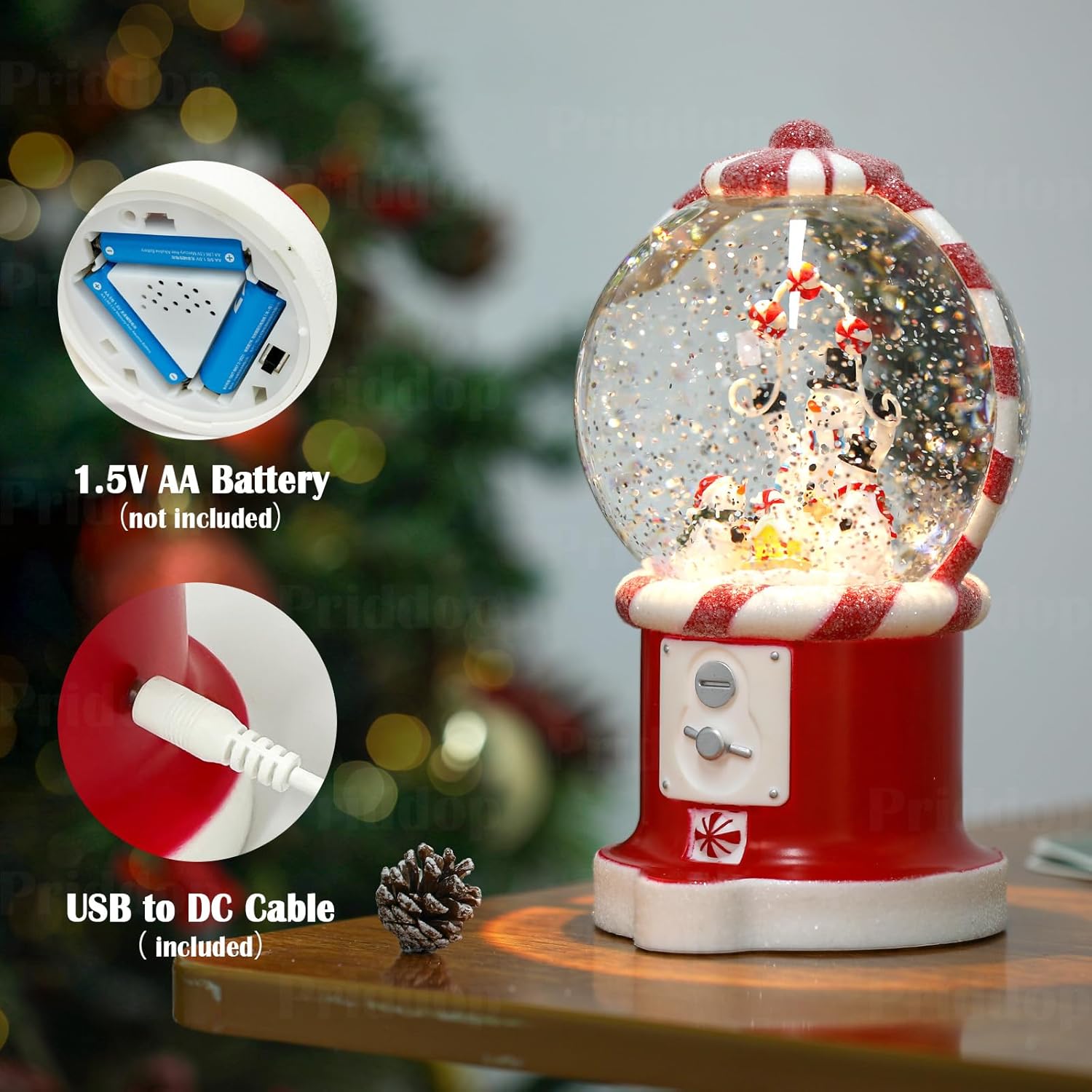 Priddop Snowman Snow Globe | Musical Glitter Christmas Decoration - 7.8 Inch USB/Battery Timer