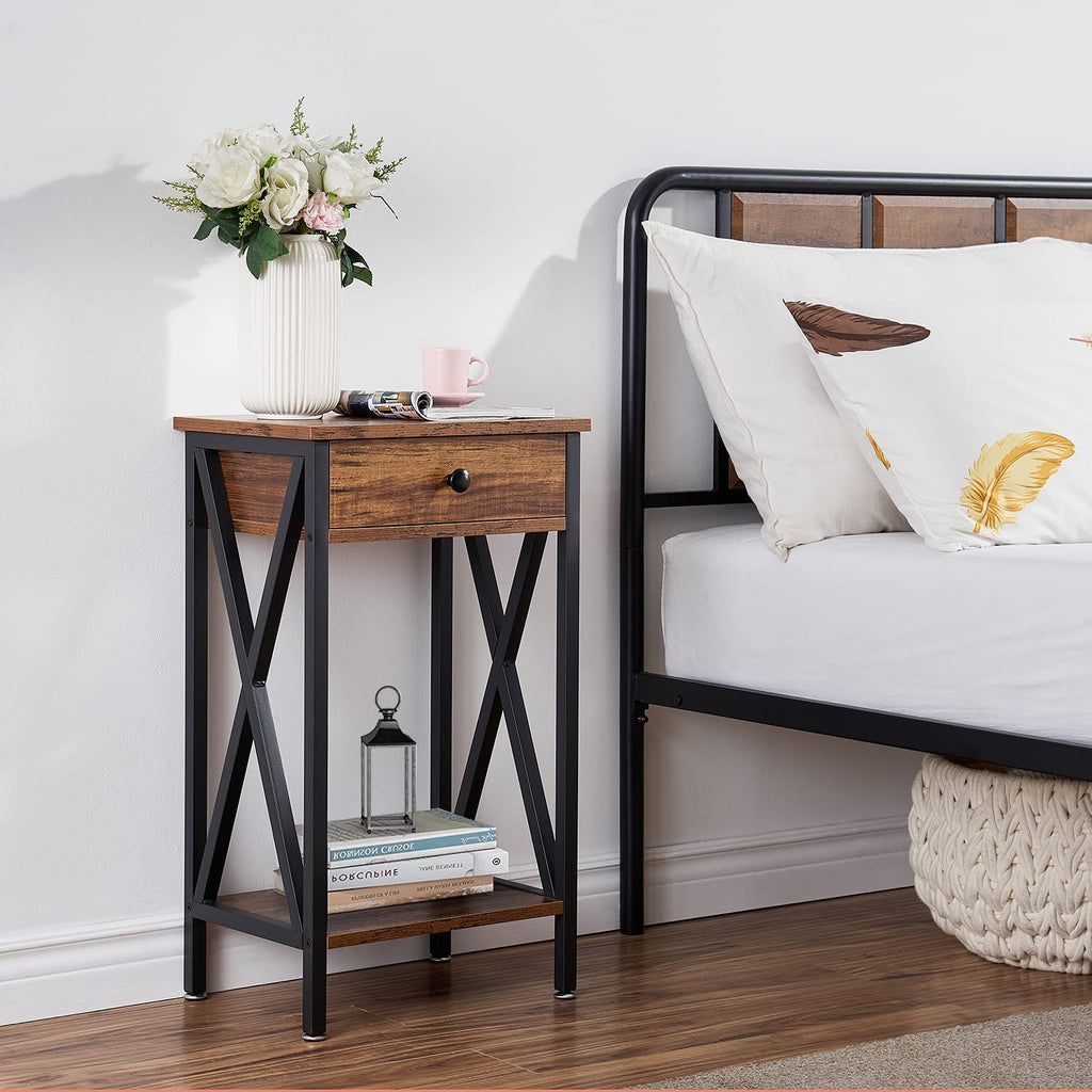 VECELO End Table 28 Inch Tall End Table Easy Assembly Side Table Nightstand Storage Shelf for Living Room Bedroom Kitchen Stable Wood and Metal Frame,Dark Brown