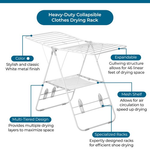 Honey-Can-Do Heavy-Duty Foldable Laundry Drying Rack – Portable Shoes & Clothes Rack for Indoor & Outdoor Use, Space-Saving Design, Easy to Fold Gullwing Design, Sturdy Metal, 50lb. Capacity, White