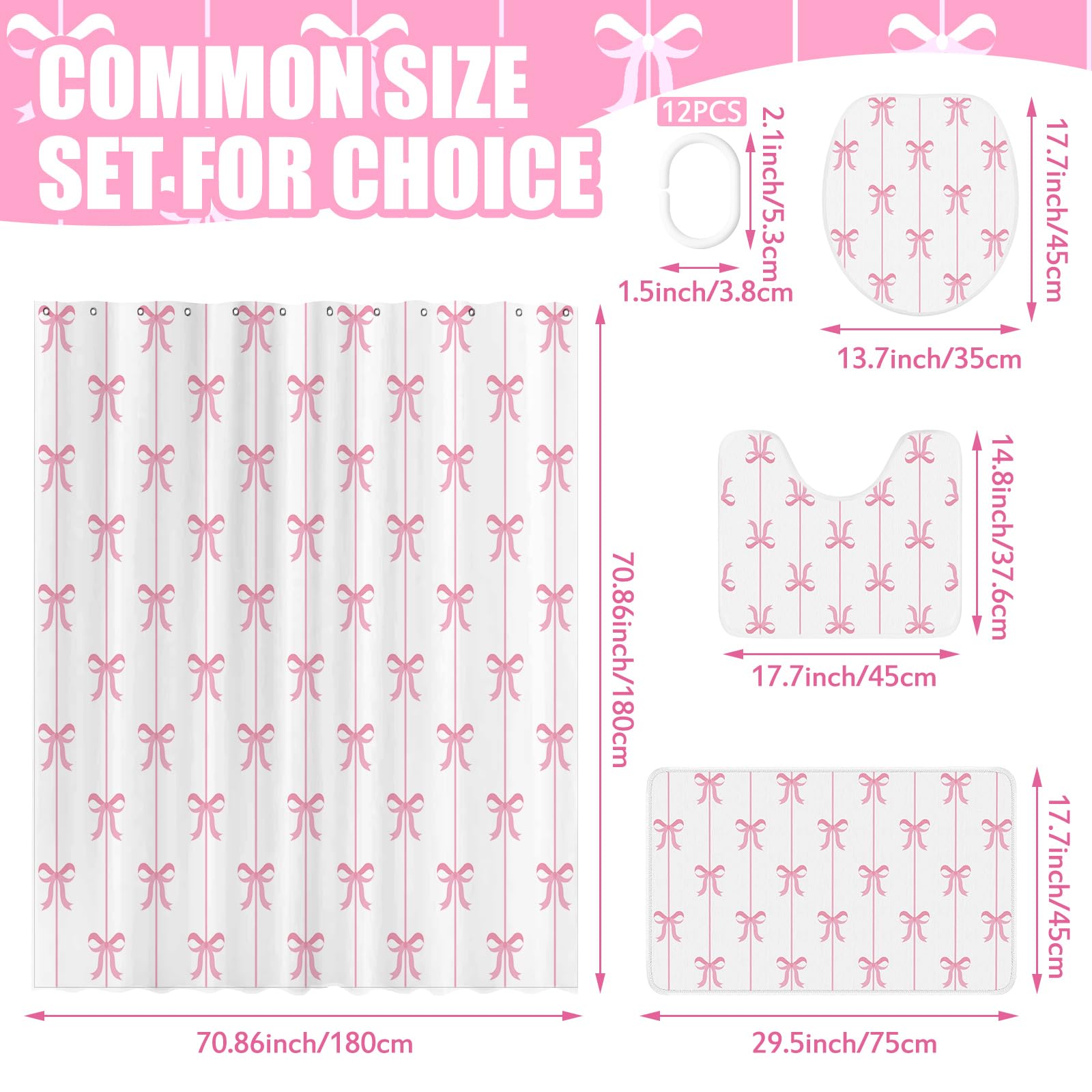 Maasechs 4 Pcs Bow Shower Curtain Set Cute Coquette Bathroom Decor Bow Knot Aesthetic Girly Shower Curtain Set with Non-Slip Rug Toilet Lid Cover Bath Mat and 12 Hooks(White Background,Pink)