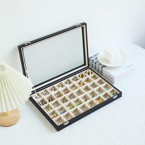 Stratalife Jewelry Organizer 40 Grid Beige Black Jewelry Tray with Clear Dust-proof Lid Velvet Earring Organizer Necklace Rings Holder Display Drawer Storage Case for Women