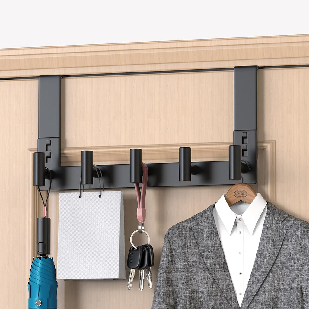 PMMASTO Over The Door Hooks - Coat Rack Organizer & Towel Holder for Bathroom | Black 5 T-Hooks, Fits 1-3/4" Thick Door