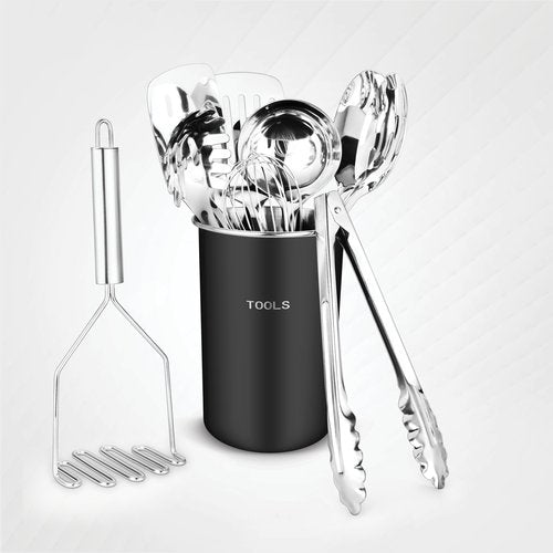 Avador® Premium Set of 10 Stainless Steel (BLACK HOLDER) Kitchen Tool Set with Holder Easy To Clean, Space Saving, Great for Cooking, Baking, Prepping (BLACK)