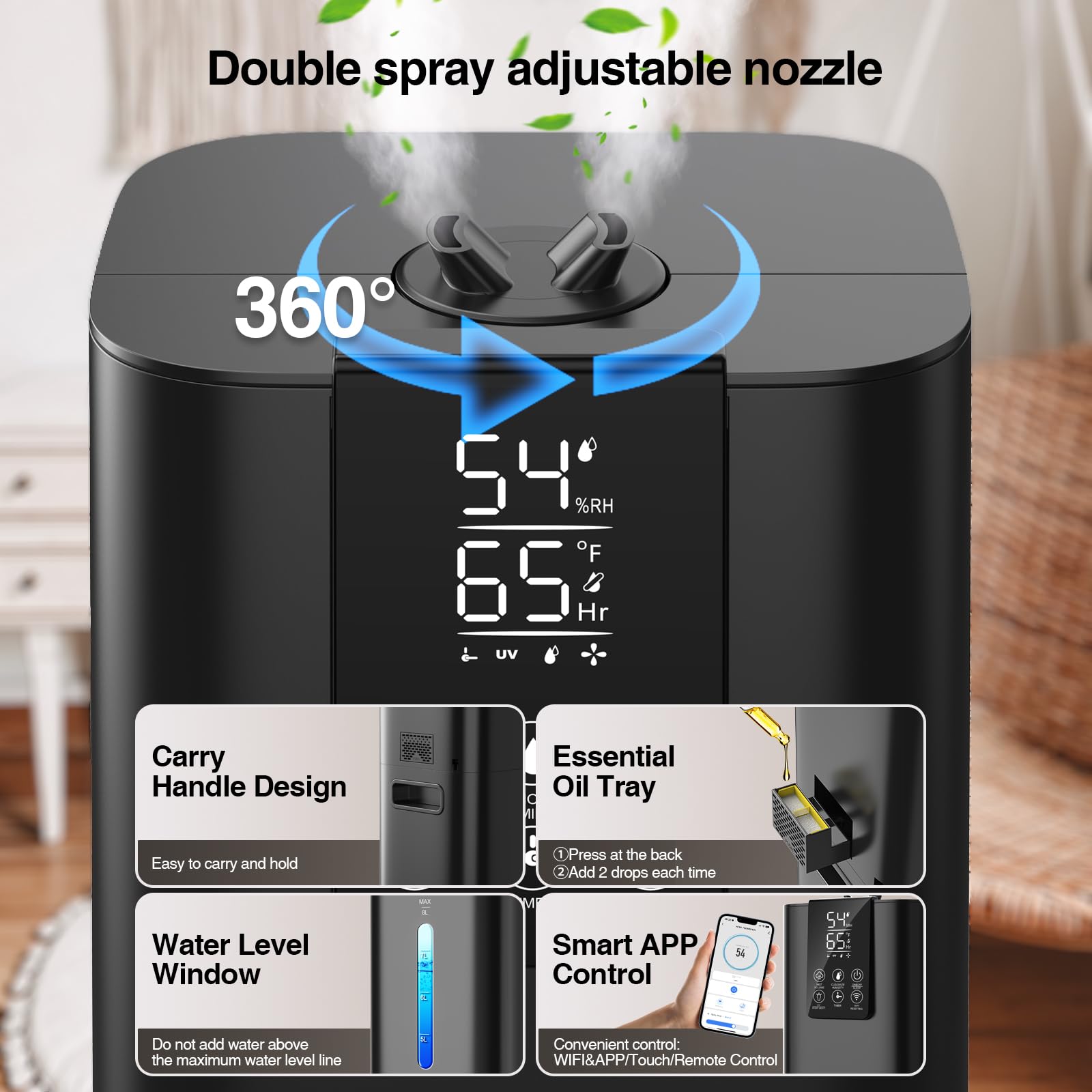 Smart Humidifiers Large Room Bedroom Home, 2.11Gal(8L) Quiet Top Fill Cool Mist Humidifier, Smart App & Remote Control, 3 Speed Humidifier with 360° Nozzle, Humidity Setting for Baby Office(Blue)