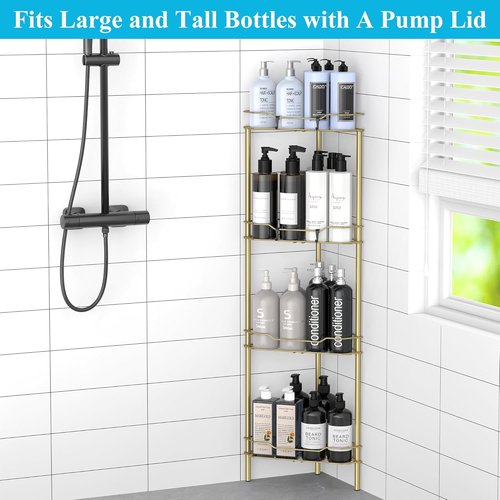 HuggieGems Corner Shower Caddy Organizer - 4 Tier Floor Stand with Hooks | Elegant Gold Finish