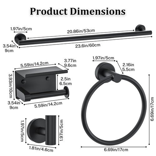 Matte Black Bathroom Hardware Accessories Set 5-Piece Towel Bar Set Includes 23.6in Towel Bar Toilet Paper Holder with Shelf,Towel Holder Set for Bathroom Stainless Steel Wall-Mounted