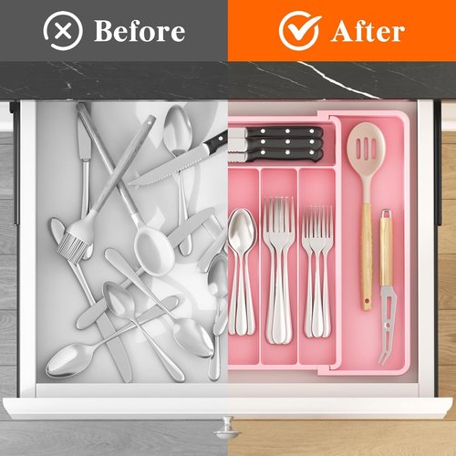 Lifewit Expandable Silverware Drawer Organizer - BPA-Free Utensil Tray for Kitchen | Adjustable Pink Storage (10.9"-17.5" x 13.7")