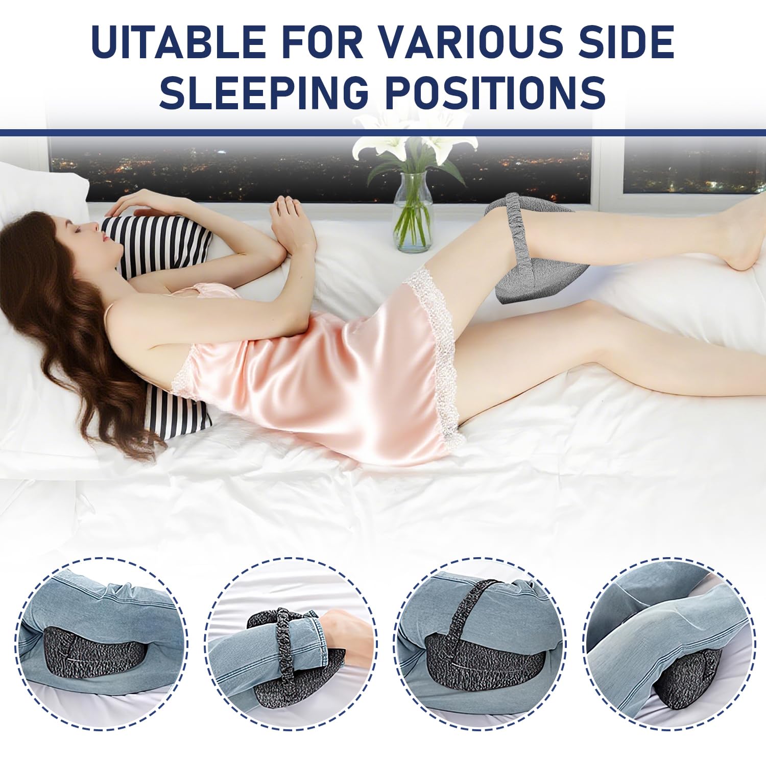 Alignment Pillows for Side Sleepers,Hip Alignment Pillow, Memory Foam Leg & Knee Pillow,Foam Support Pillow Soothing Relief for HIPS, Knees, Joints, Nerves & Muscles,Adjustable Strap (Grid Blue)