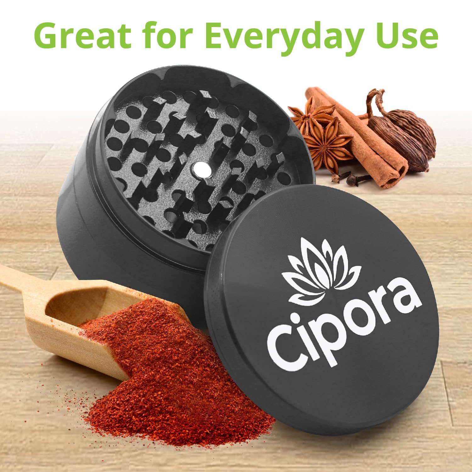 Cipora 2.5" Manual 3-Piece Zinc Grinder with Large Bottom Chamber (Black)