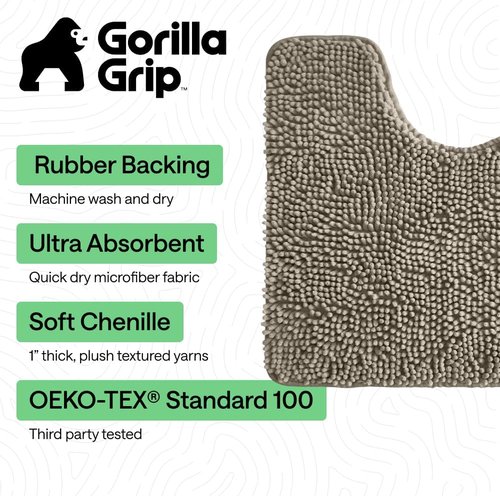 Gorilla Grip Shaggy Chenille Bath Rug Mat - Plush Absorbent Toilet Contour Mat | Machine Washable, 22" x 19" x 15", Latte