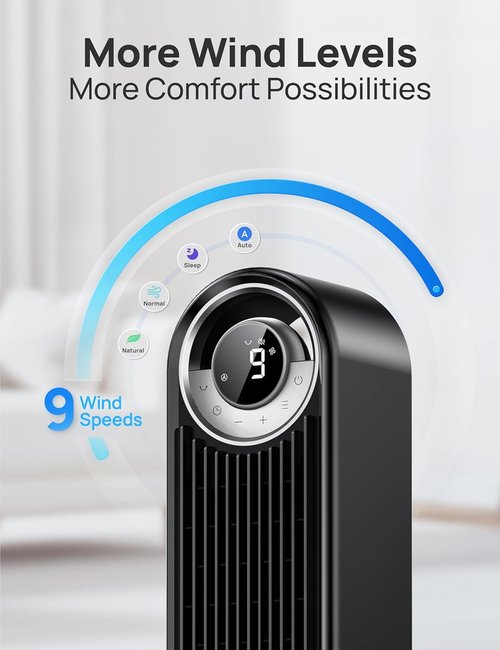 DREO Tower Fan - 90° Oscillating Standing Floor Fan with 28ft/s Velocity | 25dB Quiet Operation, 9 Speeds, Remote Control