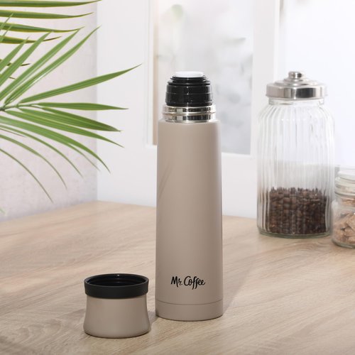 Mr. Coffee Silverleaf 23 oz Stainless Steel Thermal Bottle – Double Wall Vacuum Insulated Travel Mug with Leak-Proof Lid, Taupe – Hot & Cold Beverage Flask for Work, Commute, or Camping