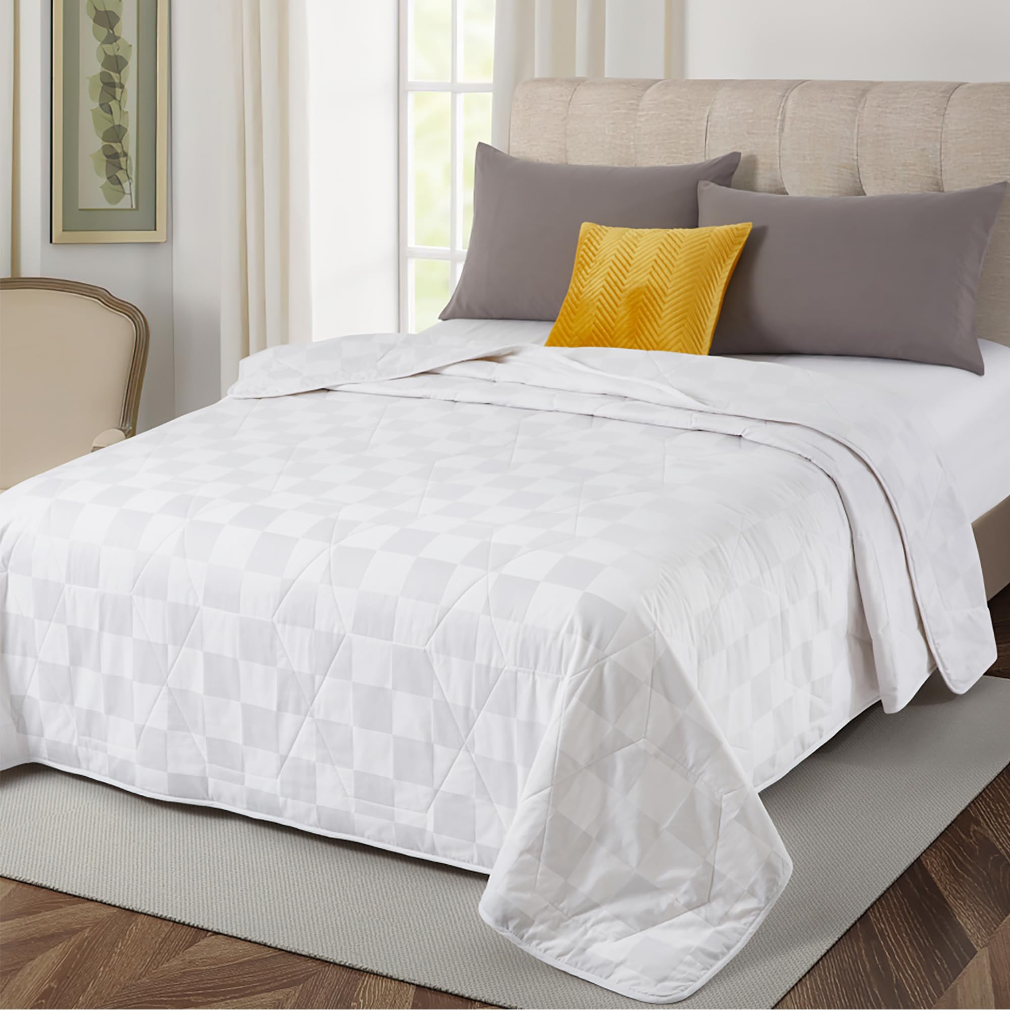 WQSPRING Lightweight 100% Cotton Comforter Queen Size, All Seasons Bedspread Cotton Filled Blanket, Durable Breathable Quilt (Queen, Block)