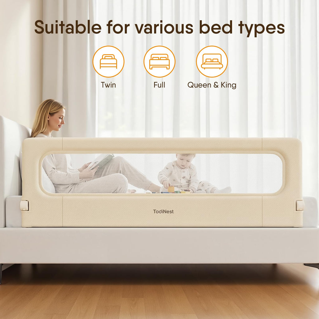 TodiNest Folding Bed Rail for Toddlers, Baby Bed Rail Guard with Reinforced Anchor Safety System, Toddler Bed Rails for King Size Beds, Twin, Full, Queen (Khaki, 71" L x 21.6" H)