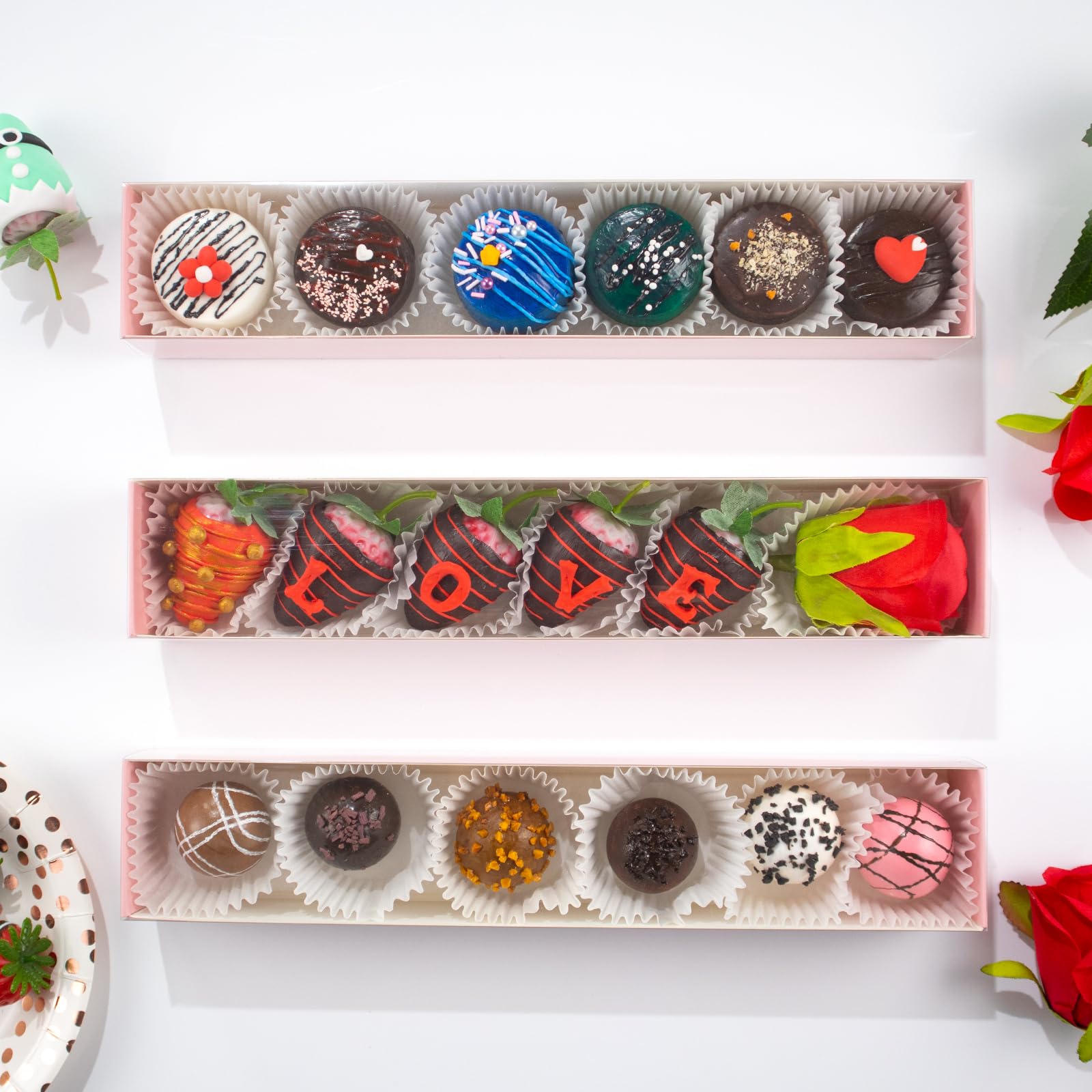 Romantic Baking 50 Pack Long Chocolate Covered Strawberry Macaron Truffle Cocoa Bomb Cookies Bakery Boxes (12x2x2 Inches)
