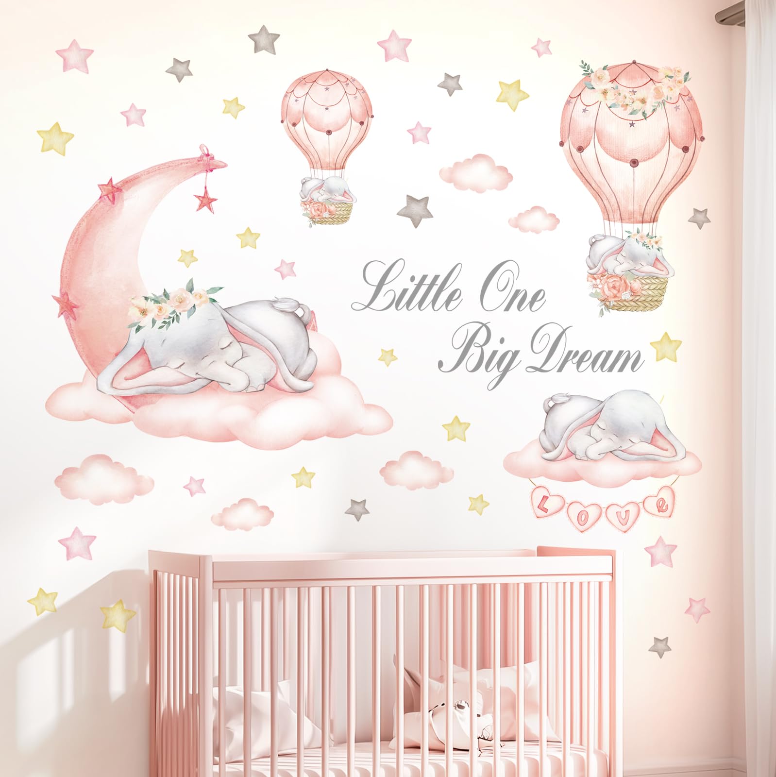 DECOWALL Dream Big Little One Wall Decals – Elephant Moon and Stars Nursery Wall Stickers, Peel and Stick Removable Baby Girl Room Decor for Kids Bedroom (SG-2203)