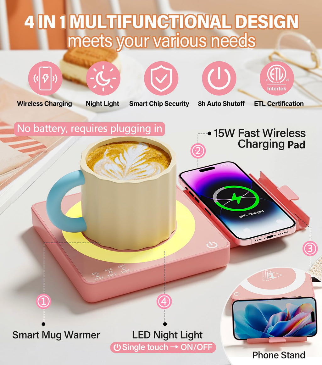 Mug Warmer with 15W Wireless Charger, Aesthetic Desktop Accessory with Night Light & Phone Stand, Ideal Office Tech Gift for Women, Girlfriend, Boss, Her, 3 Temp Coffee Warmer for Desk - Rose Pink