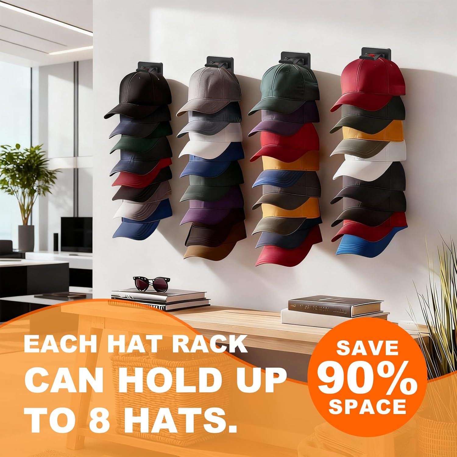 Skiennix Hat Organizer - 2 Pack Baseball Cap Rack with Strong Adhesive & Screw-In Holders | Ideal for Closet & Bedroom