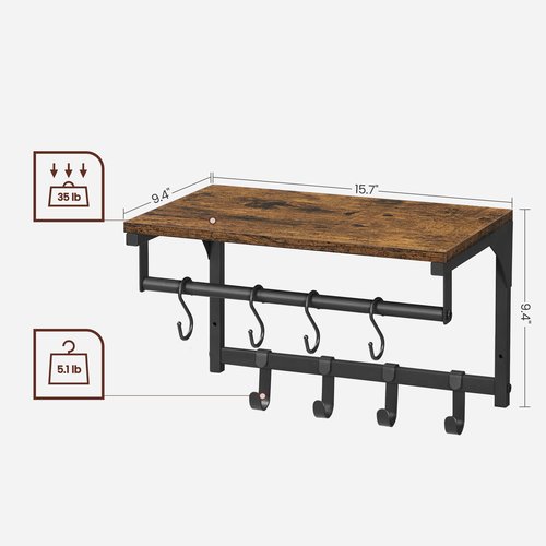 VASAGLE Laundry Room Shelf Wall Mounted, Coat Rack Shelf, with 8 Removable Hooks, for Entryway, Living Room, Kitchen, Bedroom, 15.7 x 9.4 x 9.4 Inches, Rustic Brown and Black ULCR103B01
