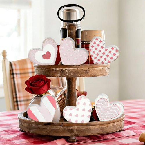 6Pcs Valentine's Day Wooden Hearts Tiered Tray Decor, Farmhouse Distressed Pink Heart Shaped Love Signs Table Decor for Home Office Tabletop