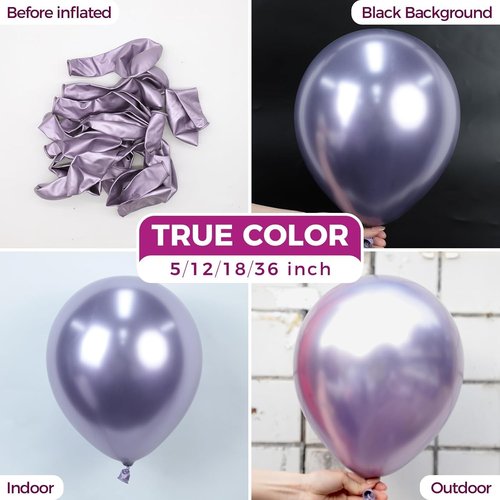 Bezente Metallic Purple Latex Balloons - 100 Pack of 12" Round Helium Chrome Lavender Party Decor