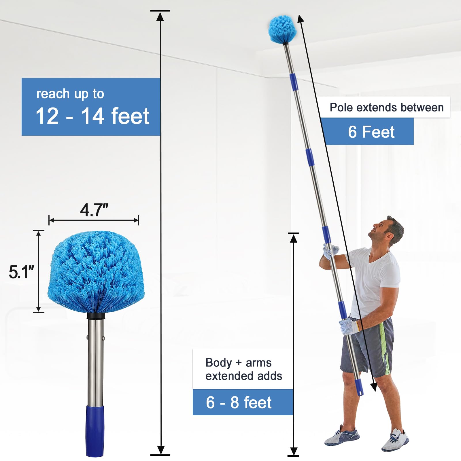 Cobweb Duster with Extension Pole - 6 FT Lightweight Stainless Steel Extendable Duster Ceiling Fan Duster for High Ceilings, Medium Stiff PET Bristle Spider Web Brush for Indoor/Outdoor Cleaning