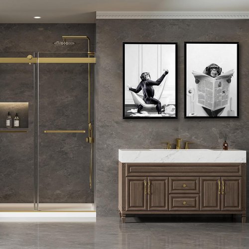 Funny Monkey Painting Poster - Framed Black and White Canvas Art | 12" x 16" for Kids' Bathroom Decor