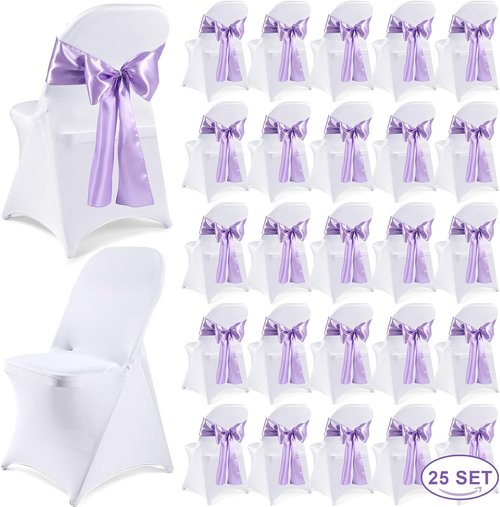 Lounsweer Folding Chair Cover Set - 50 Pcs with 25 Stretch Spandex Slipcovers & Satin Sashes | Wedding & Party Decor (White, Lavender)