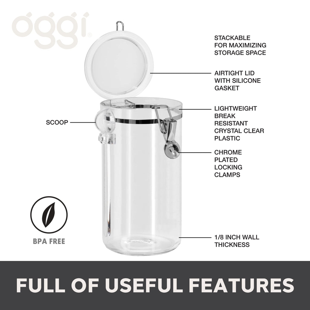 Oggi Clear Canister Airtight 72oz - Clamp Lid & Spoon - Airtight Food Storage Container, for Kitchen & Pantry Storage of Bulk, Dry Foods, Pasta, Flour, Sugar, Coffee, Rice, Tea, Spices & Herbs