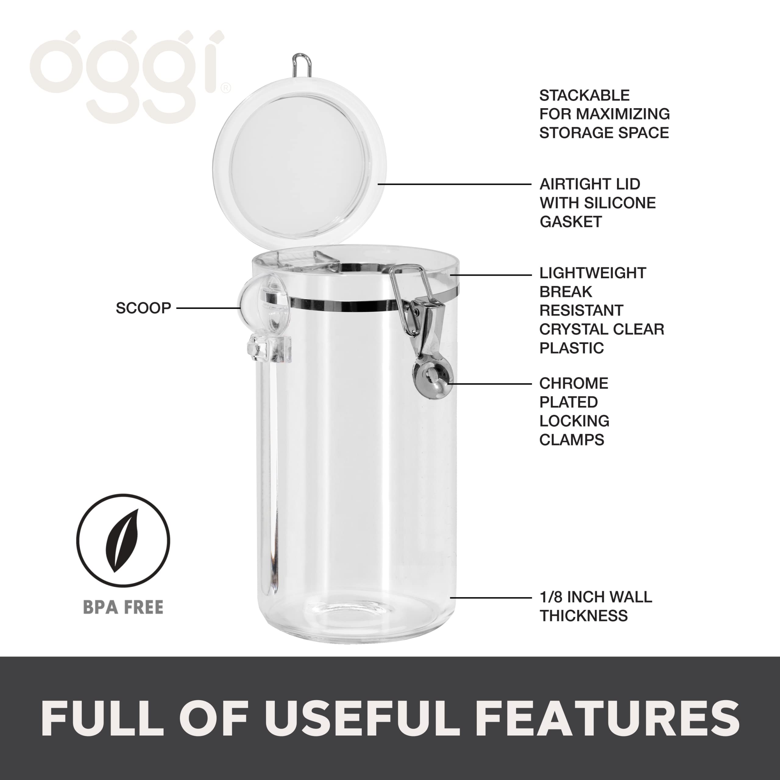 Oggi Clear Canister Airtight 72oz - Clamp Lid & Spoon - Airtight Food Storage Container, for Kitchen & Pantry Storage of Bulk, Dry Foods, Pasta, Flour, Sugar, Coffee, Rice, Tea, Spices & Herbs