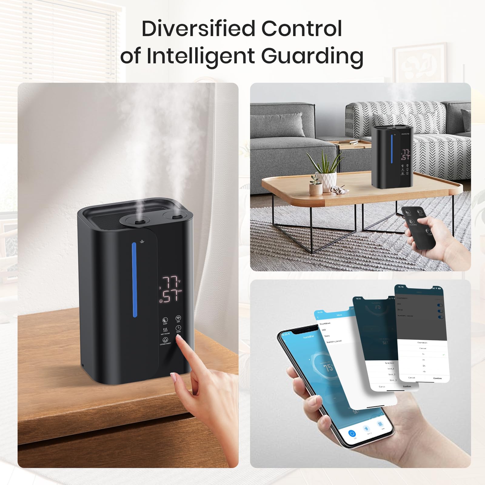 OGACFO 5L Cool Mist Humidifiers for Bedroom Large Room, Top Fill Ultrasonic Smart Air Humidifier for Baby & Plants with Essential Oil Diffuser, 50H Runtime 28 dB Quiet Baby Humidifier