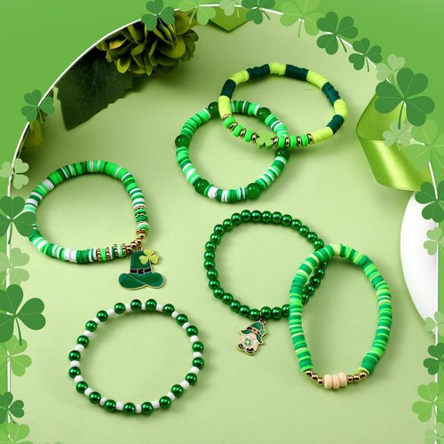 Landical 64 Pieces St. Patrick's Day Bracelets Bulk Beaded Favor Irish Lucky Leaf Shamrock Bracelet Pack Green Stackable Friendship Jewelry for Gifts Goody Bag Fillers Party Supplies