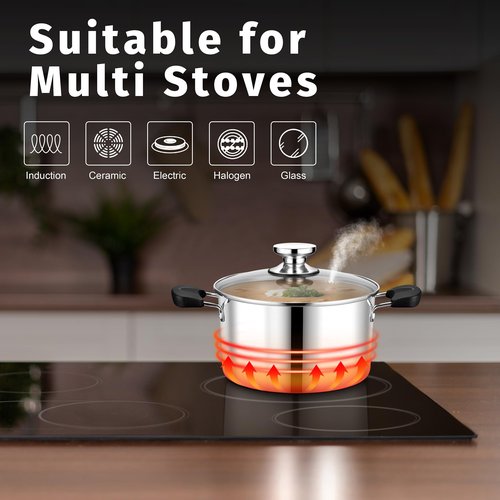 4 Quart 3-Ply Cooking Stock Pot with Lid, P&P CHEF Stainless Steel Large Pot for Pasta Soup, Work on Multi Stove, Heavy Duty & Dishwasher Safe, Dual Heat-resistant Handles & Transparent Glass Lid
