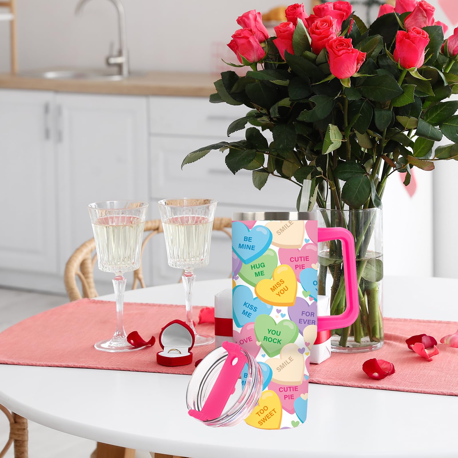 JarThenaAMCS Valentine's Day Tumbler with Lid Straw Stainless Steel Cup 40oz Colorful Conversation Heart Tumbler with Handle for Home Office Travel
