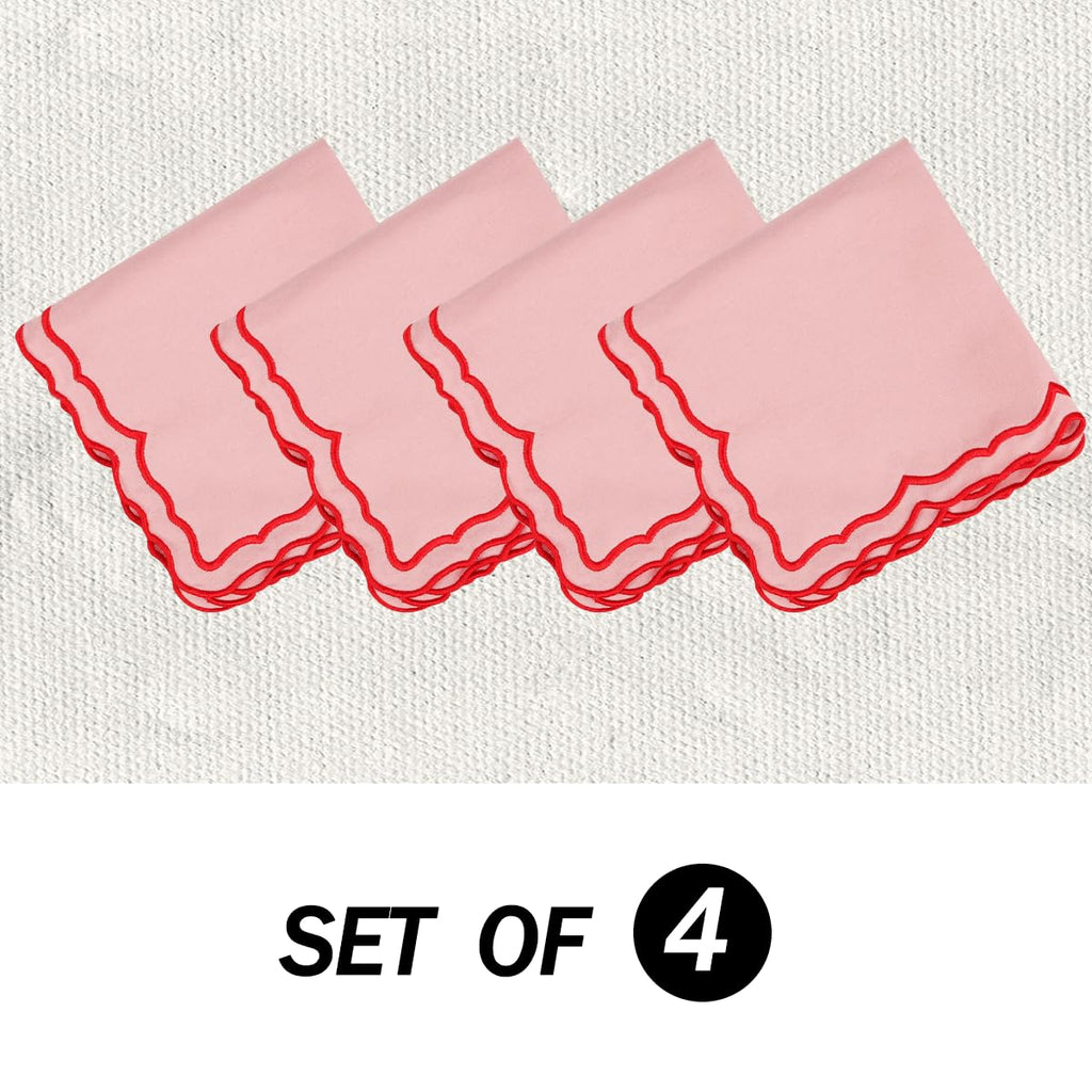 MIKI WELL Scalloped Embroidery Cloth Napkins Set of 4 14"X14" Cotton Napkins for Potluck Party Wedding Table Decor (Square Pink with Red)