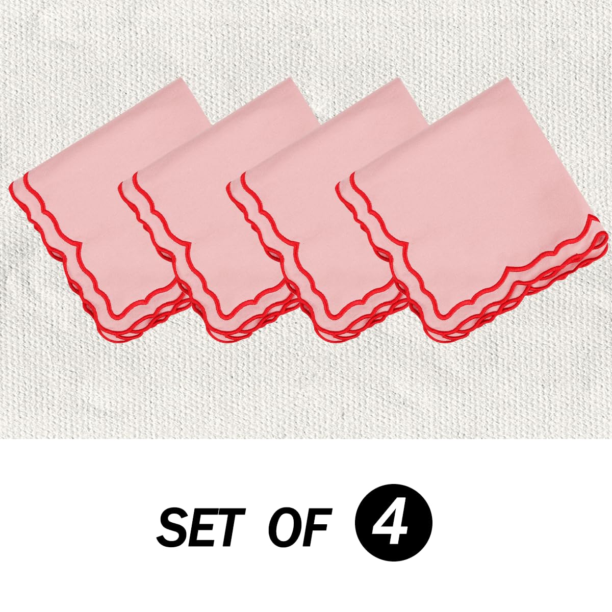 MIKI WELL Scalloped Embroidery Cloth Napkins Set of 4 14"X14" Cotton Napkins for Potluck Party Wedding Table Decor (Square Pink with Red)