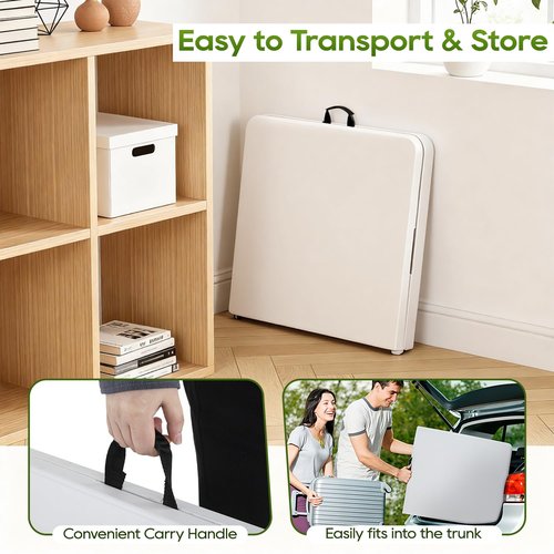FDW 4FT Folding Table, Portable Fold-in-Half Plastic Picnic Party Table with Carrying Handle (White, 4FT)
