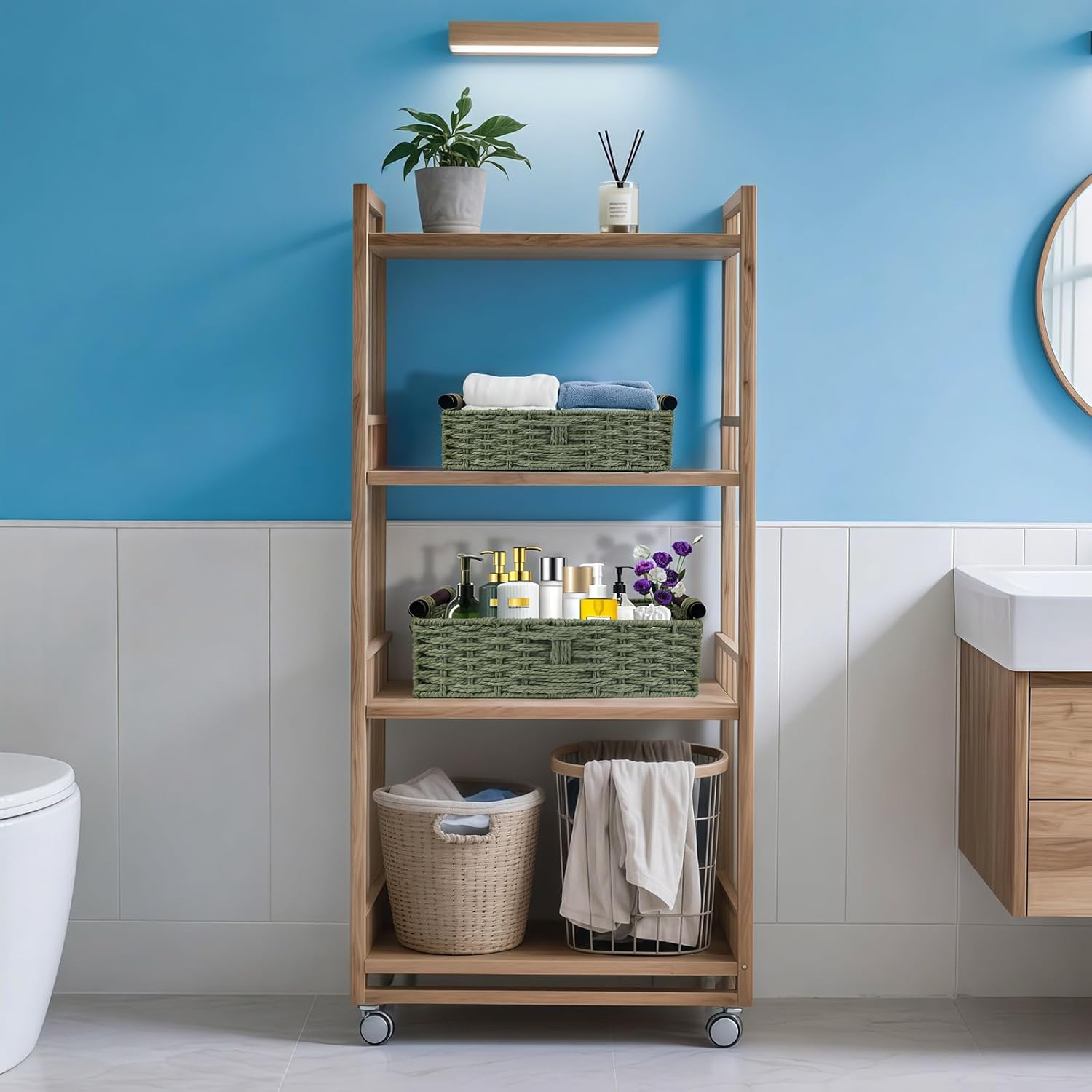 Skiennix Green Toilet Basket - Stylish Bathroom Organizer & Storage | 2-Piece Paper Rope Wicker Holder