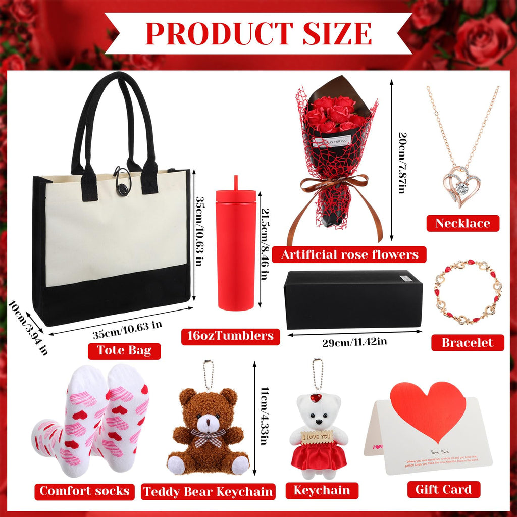 Reallnaive 9 Pcs Valentine's Day Gifts for Her, Anniversary Birthday Gifts for Wife, Gift for Women Set Includes Tumbler Artificial Flower Bouquet Keychain Necklace Bracelet Tote Bag Sock Card(Red)
