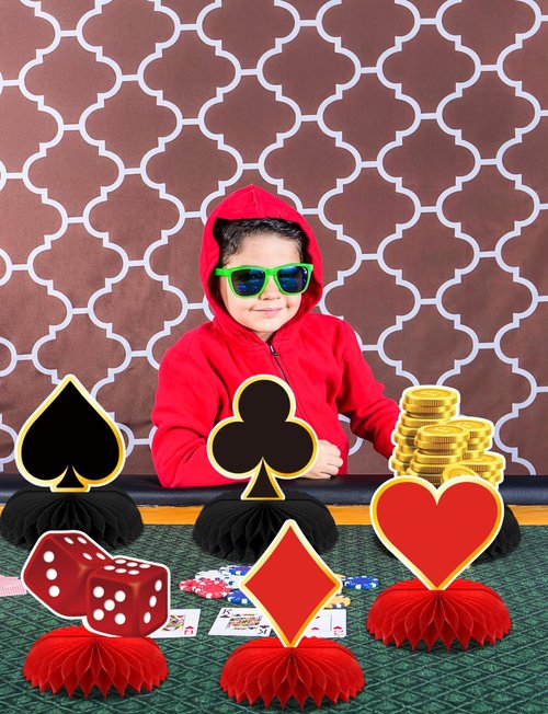 Adeyoo 12Pcs Casino Theme Party Decorations, Casino Centerpieces for Tables 3D Red Black Honeycomb Centerpieces Topper Poker for Las Vegas Themed Birthday Game Night Casino Poker Party Supplies