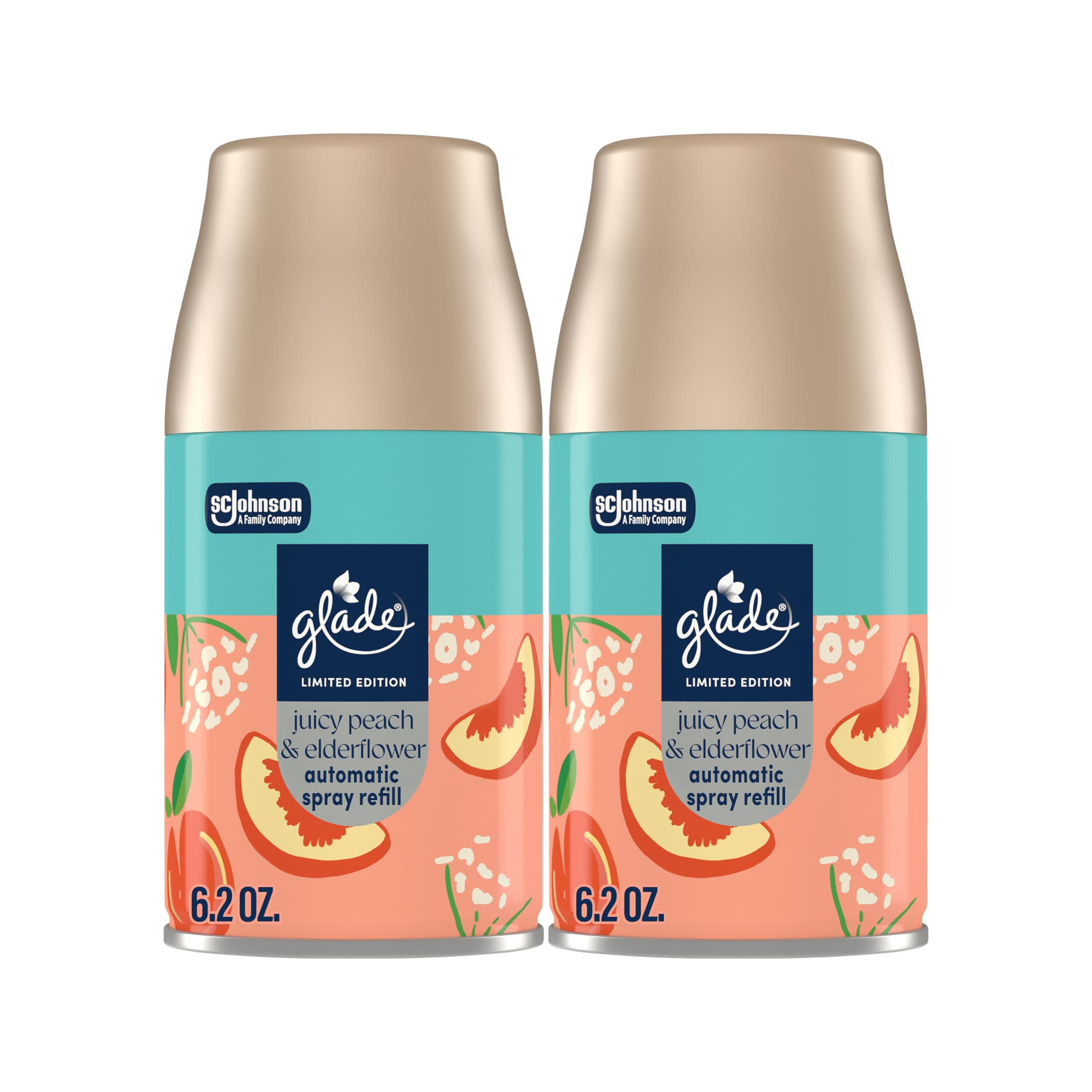 Glade Automatic Spray Refill, Juicy Peach & Elderflower, Scented Air Freshener for Home and Bathroom, 6.2 Oz, 2 Count
