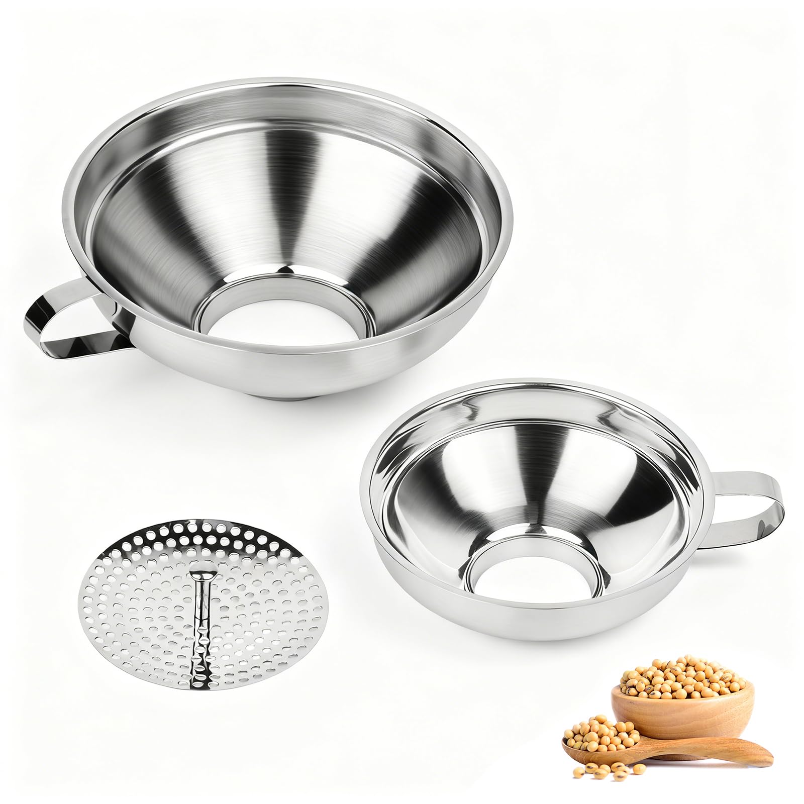 Cuqojs Canning Funnel with Strainer, Wide Mouth Canning Funnels for Filling Wide and Regular Mason Jars, Food Grade Stainless Steel Canning Supplies for Kitchen Use, 3 Pack (Small and Large)