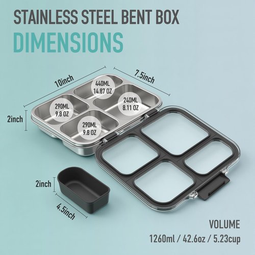 Eoika Stainless Steel Bento Box for Kids with Silicone Container, 4 Compartment Metal Lunch Box Kids Adults, Removable Silicone Seal & Clear Lid, Leak Proof Food Storage Container for MealBlack