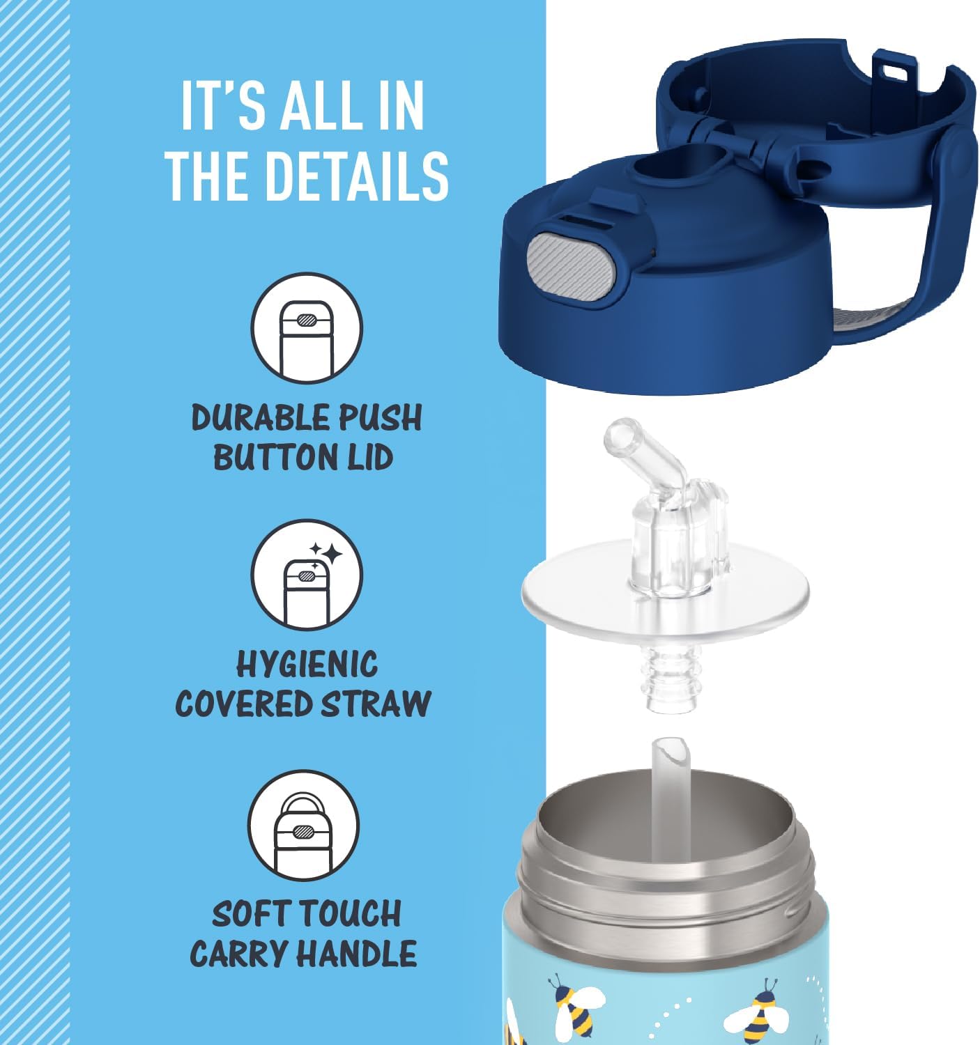 THERMOS FUNTAINER 12 Ounce Kids Straw Bottle - Stainless Steel, Vacuum Insulated, Honey Bees Design