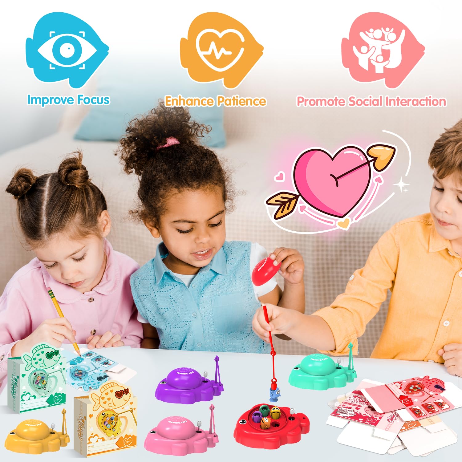 Valentines Day Gifts for Kids, 28Pcs Magnetic Fishing Game with Gift Cards Box, Wind-Up Fishing Toys with 360° Rotation for Girls Boys Ages 3-8 Valentines Party Favors Classroom School Exchange Prize