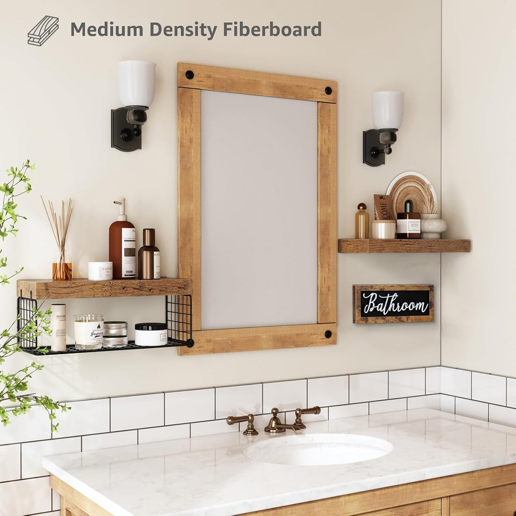 QEEIG Bathroom Shelves Over Toilet - Rustic Brown Floating Shelf Set for Farmhouse Decor | 16 Inch 2+1 Design